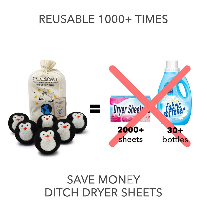 Friendsheep Wool Dryer Balls, Organic Reusable Fabric Softener Alternative for Laundry, Handmade, Fair Trade, Hypoallergenic, Eco-Friendly, Plastic-Free (6 Pack XL - Black Penguin) - Image 2